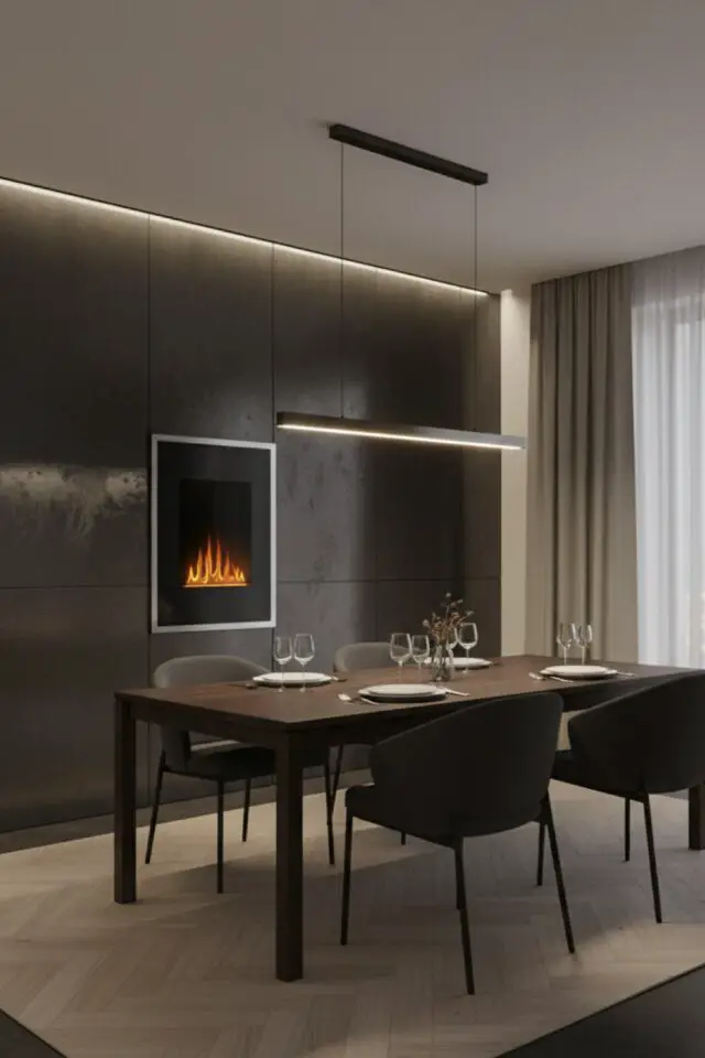cheminée électrique élégante encastrée dans le mur salle à manger ambiance chic et chaleureuse 