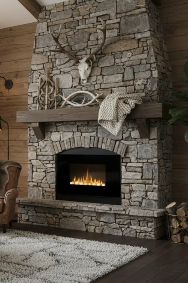 cheminée électrique style rustique pierre ambiance confortable cocooning salon séjour 