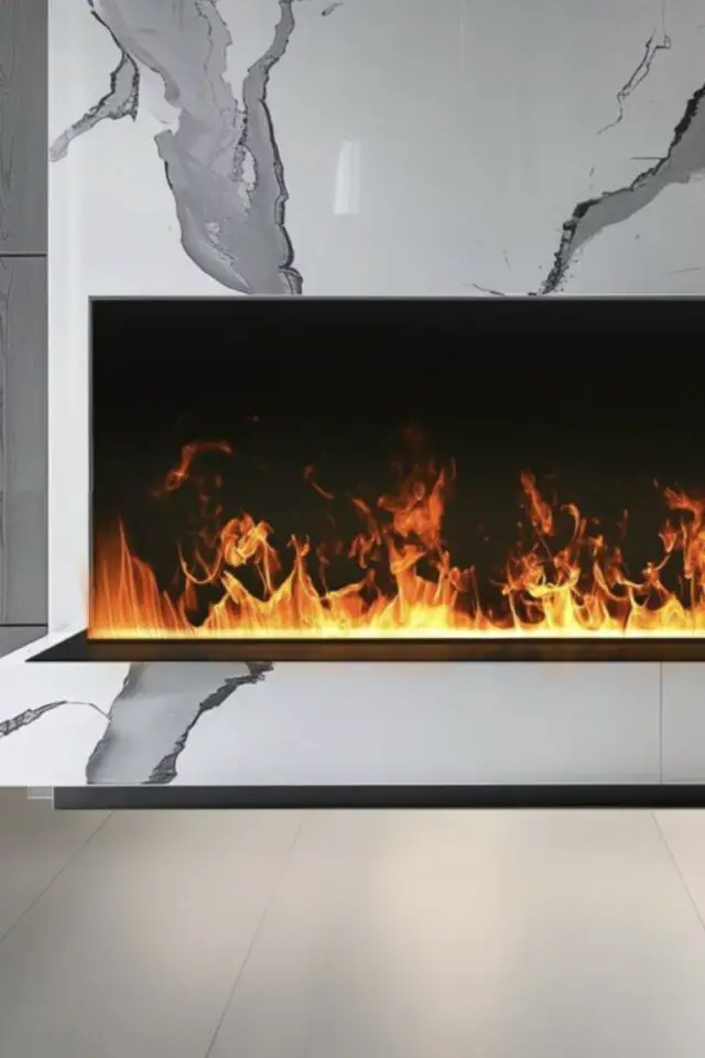 cheminée électrique décorative encastrée avec flamme espace contemporain marbre chic 
