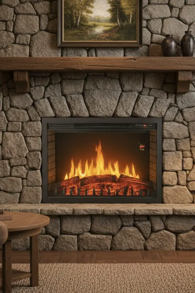 cheminée électrique rustique chic pierre simple cosy salon séjour idée décoration pratique chauffage flamme 