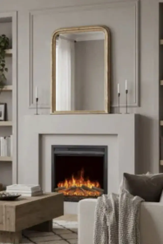 cheminée électrique simple épurée salon décoration classique moderne moulure murale miroir ancien 