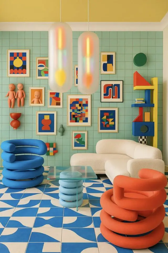 couleur déco histoire génération années 80 pastel et couleurs vives bleu électrique et orange salon séjour 