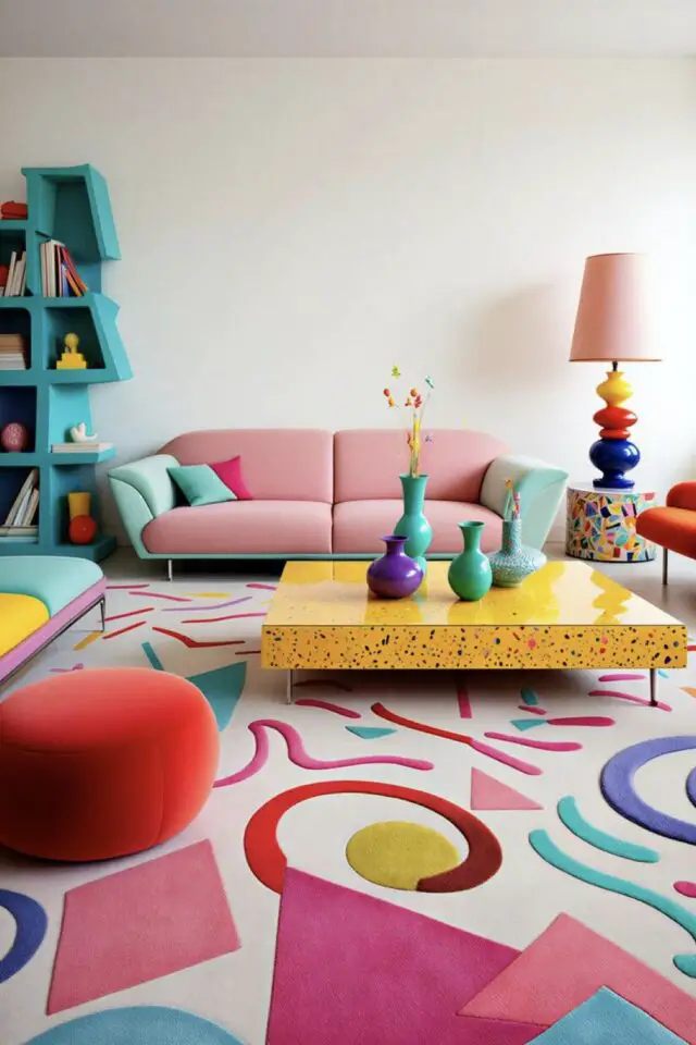 couleur déco histoire génération années 80 époque Memphis jaune rose bleu motifs géométriques 