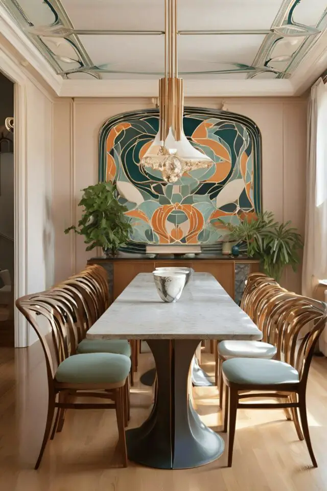 couleur déco histoire génération années 20 Art nouveau salle à manger rose clair fresque murale naturelle bleu orange et vert 