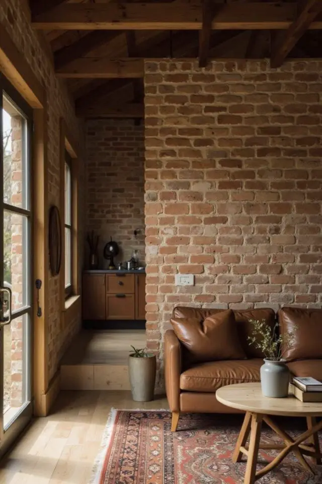 créer texture mur salon pièce de vie décor mural briques apparentes esprit authentique canapé cuir table basse bois 