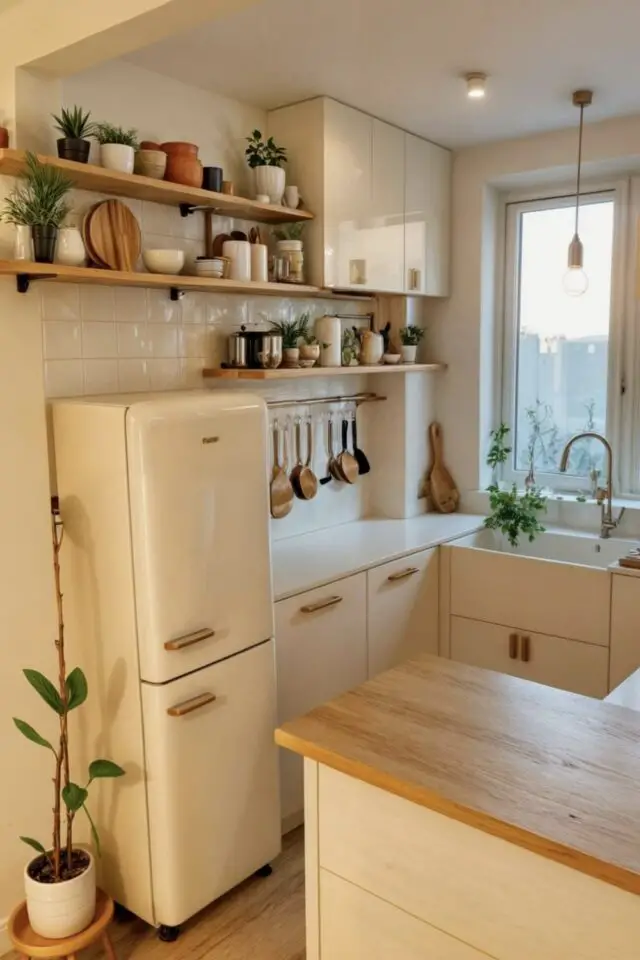 cuisine 5m2 ouverte sur le salon implantation en U place du réfrigérateur et de l'évier décor moderne appartement blanc et bois cuisine 5m2 ouverte sur le salon implantation en U place du réfrigérateur et de l'évier décor moderne appartement blanc et bois