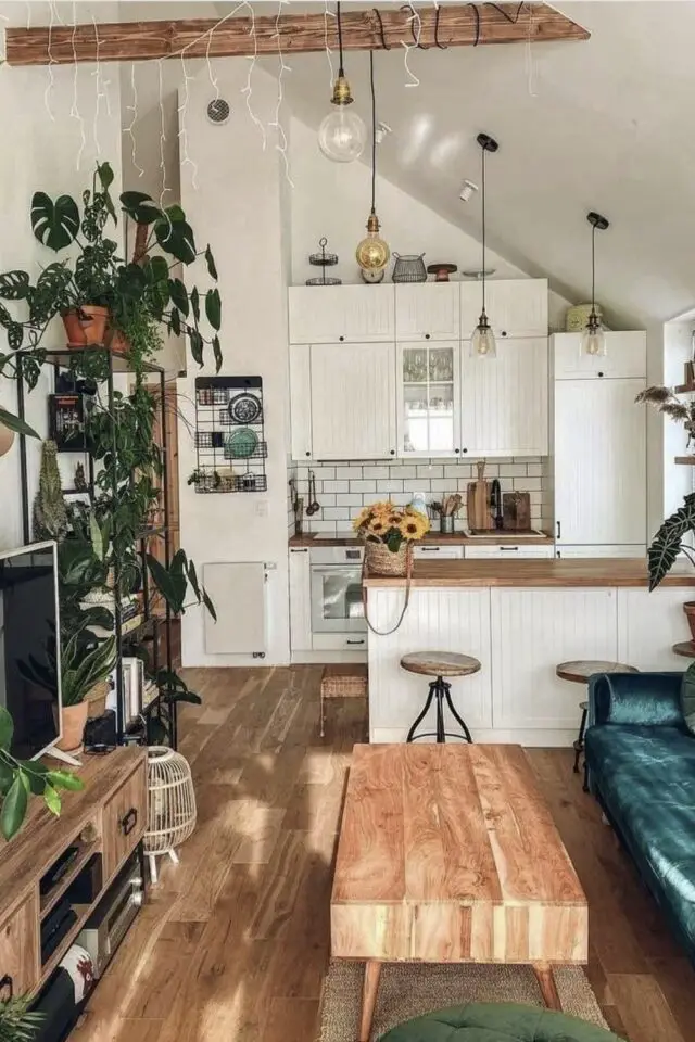 cuisine 5m2 ouverte sur le salon exemple en L aménagement intérieur meuble et mur blanc parquet plantes vertes espace mansardé appartement cuisine 5m2 ouverte sur le salon exemple en L aménagement intérieur meuble et mur blanc parquet plantes vertes espace mansardé appartement