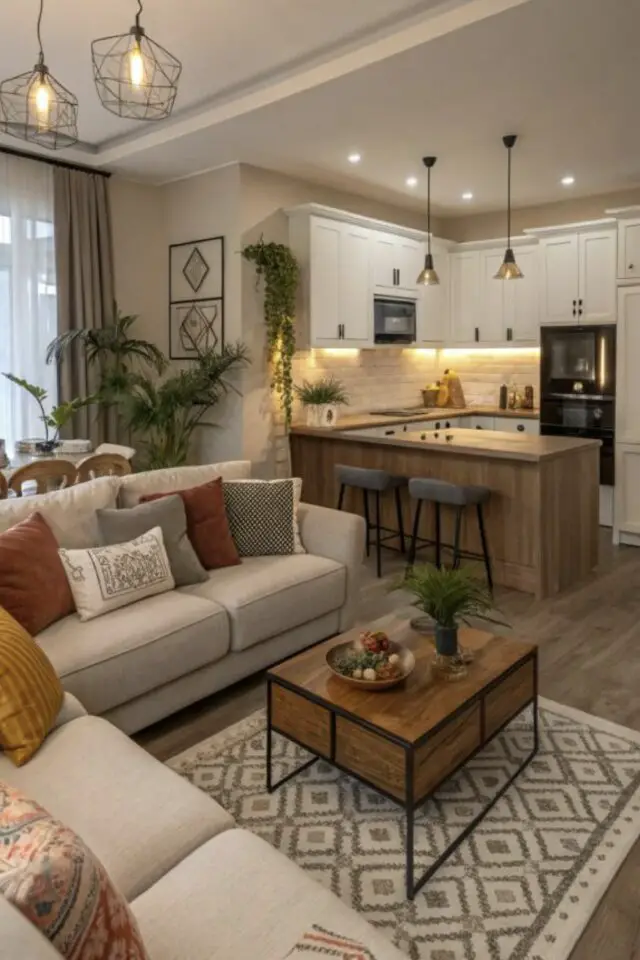 cuisine 5m2 ouverte sur le salon exemple aménagement en L avec îlot déporté bois ambiance cosy neutre moderne cuisine 5m2 ouverte sur le salon exemple aménagement en L avec îlot déporté bois ambiance cosy neutre moderne