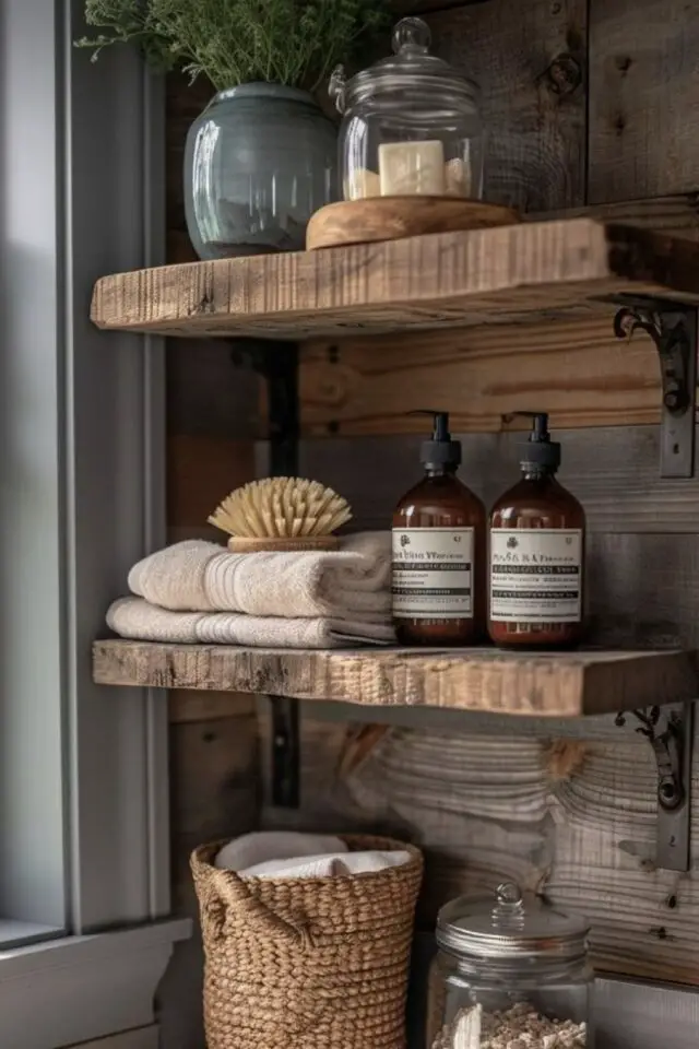 déco rustique salle de bain étagère murale en bois massif idée simple et robuste accessoires décoratifs serviettes de bain flacon de savon 