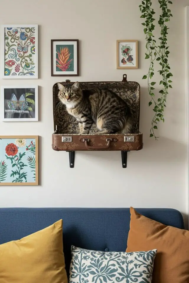 décoration salon étagères idées récup valisette chat dessus canapé 