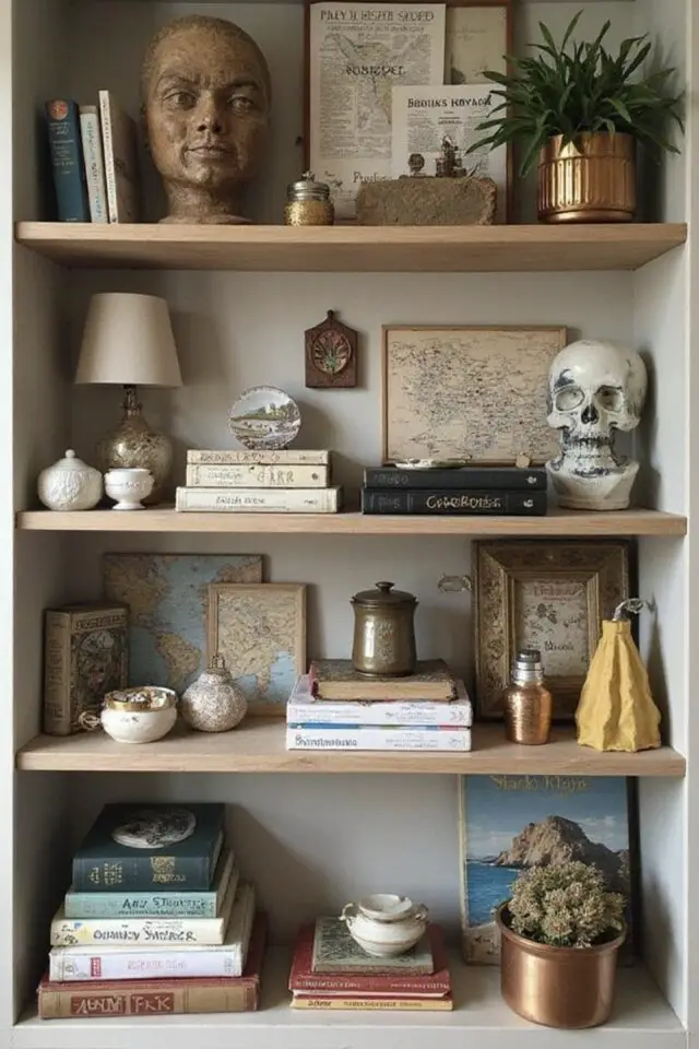 décoration salon étagères idées bois esprit cabinet de curiosité objets déco livre 