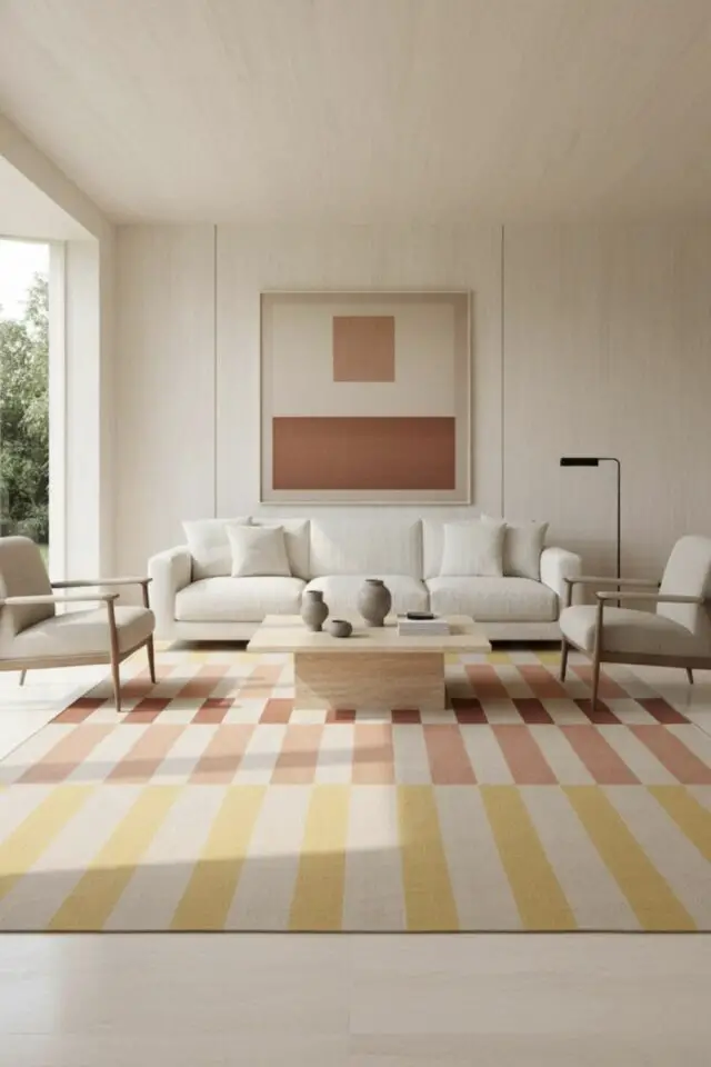 éclairage luminaire salon exemple espace moderne neutre blanc tapis coloré liseuse lampadaire à côté du canapé éclairage luminaire salon exemple espace moderne neutre blanc tapis coloré liseuse lampadaire à côté du canapé