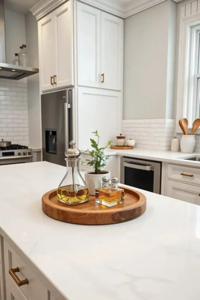 home staging cuisine moderne neutre blanche et grise rangement petite touche plus chaleureuse  