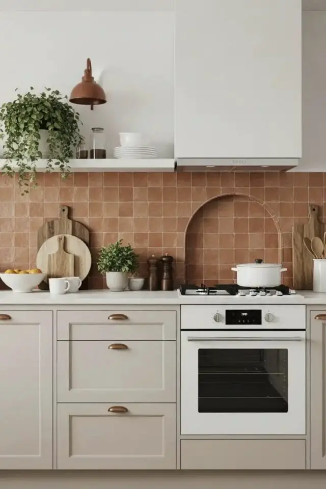 home staging cuisine exemple meuble peint en beige crédence zellige terracotta ambiance moderne et chaleureuse