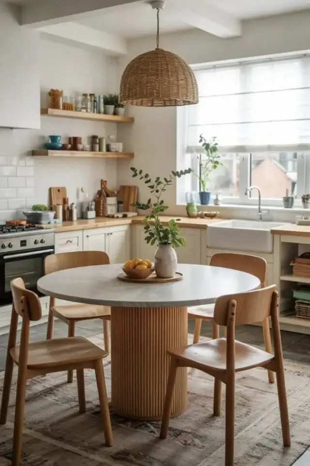 home staging cuisine fermée store bateau fenêtre lumière naturelle table ronde moderne pied central chaise en bois cosy et neutre 