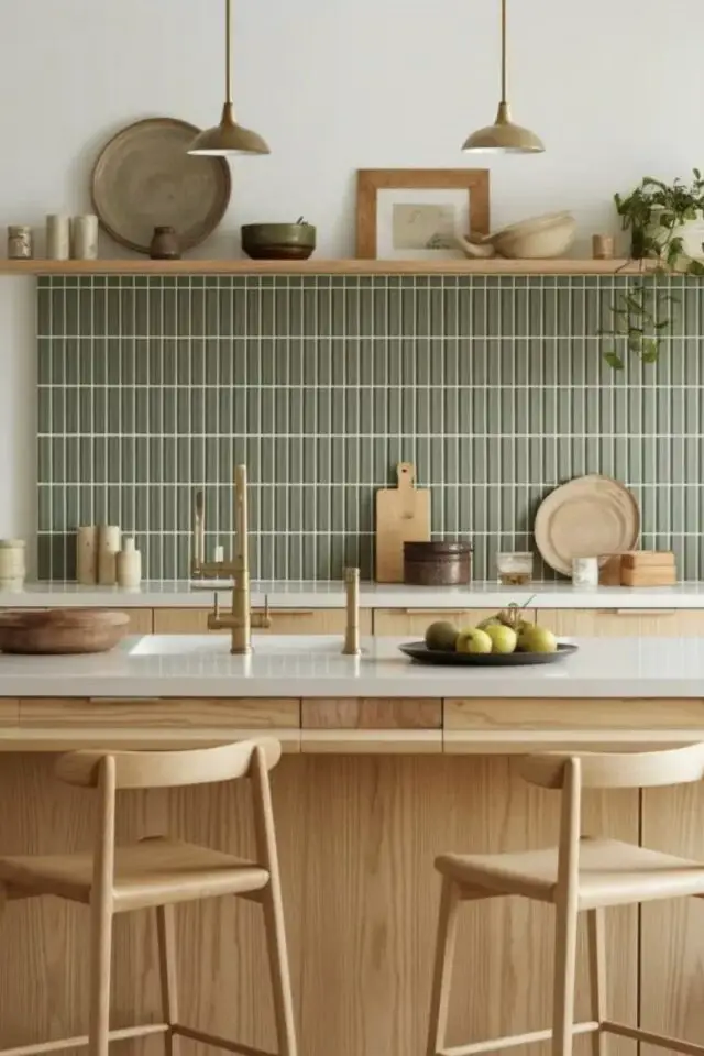 home staging cuisine exemple espace ouvert meuble en bois carrelage crédence vert ambiance épurée et conviviale 