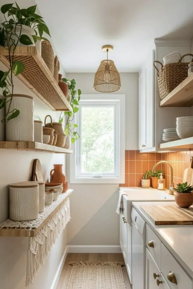 home staging cuisine appartement tout en longueur meuble blanc crédence terracotta ocre chaleureux tapis sol 