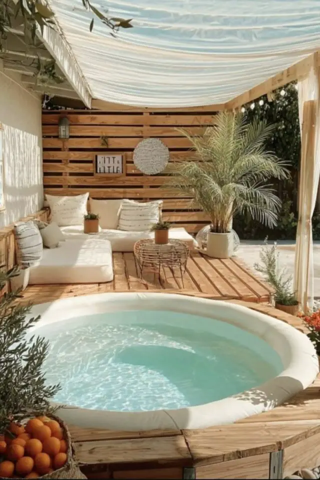 jacuzzi extérieur gonflable terrasse en bois esprit spa moderne pergola voilage ambiance détente coussins de sols jacuzzi extérieur gonflable terrasse en bois esprit spa moderne pergola voilage ambiance détente coussins de sols