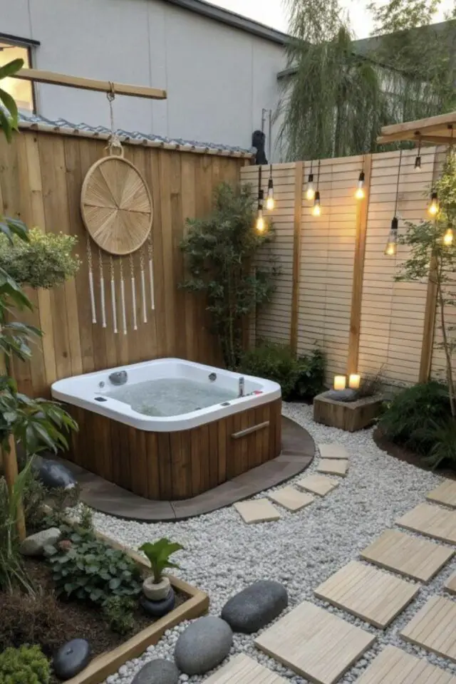 jacuzzi extérieur petite terrasse en gravier pas japonais clôture bois à poser ambiance zen jacuzzi extérieur petite terrasse en gravier pas japonais clôture bois à poser ambiance zen