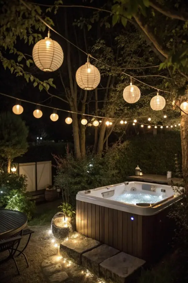 jacuzzi outdoor hors-sol jardin guirlandes lumineuse éclairage soir jacuzzi outdoor hors-sol jardin guirlandes lumineuse éclairage soir