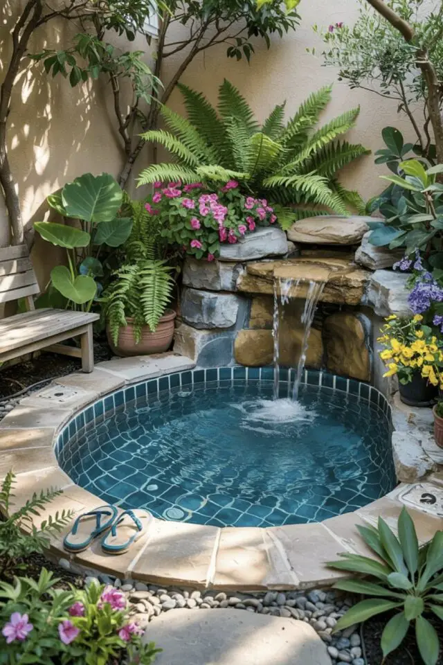 jacuzzi outdooor enterré avec fontaine plantes tropicale petit jardin banc en bois mini-piscine ronde jacuzzi outdooor enterré avec fontaine plantes tropicale petit jardin banc en bois mini-piscine ronde