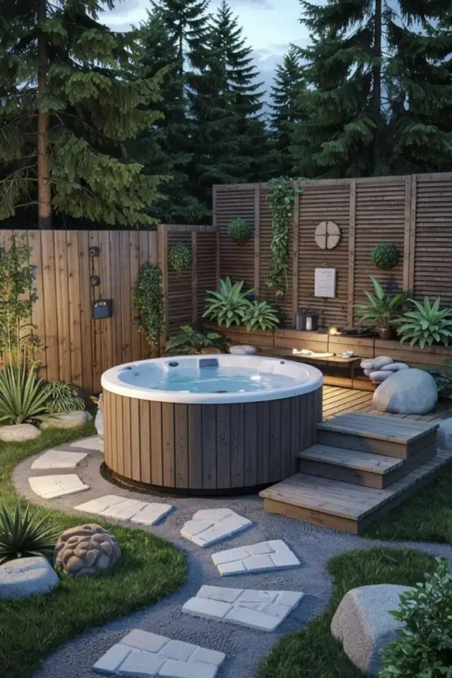 jacuzzi extérieur posé au sol habillage bois chemin de gravier claustras extérieurs bois plante verte ambiance spa jacuzzi extérieur posé au sol habillage bois chemin de gravier claustras extérieurs bois plante verte ambiance spa