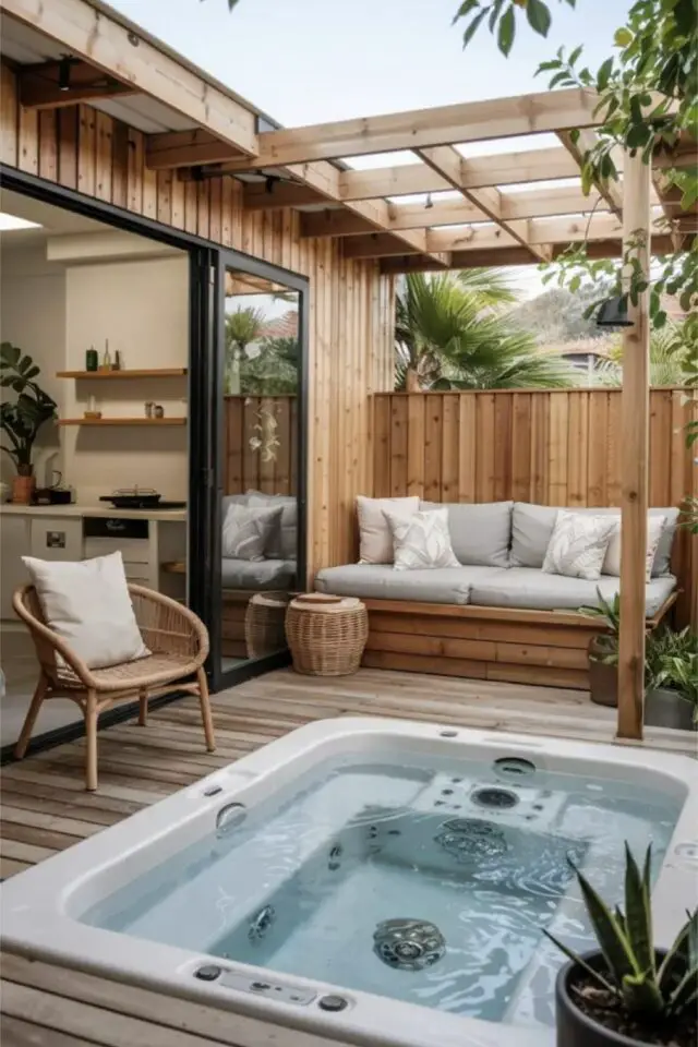 jacuzzi extérieur intégré à la terrasse en bois avec banquette et pergola en face de la bie vitrée de cuisine jacuzzi extérieur intégré à la terrasse en bois avec banquette et pergola en face de la bie vitrée de cuisine