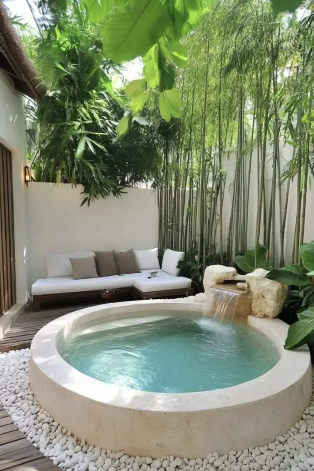 jacuzzi extérieur enterré en pierre galet terrasse en bois banquette d'angle cosy bambou jacuzzi extérieur enterré en pierre galet terrasse en bois banquette d'angle cosy bambou