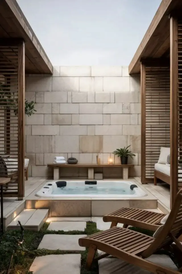 jacuzzi extérieur enterré terrasse carrelée claustras bois pergola ambiance détendue spa calme jacuzzi extérieur enterré terrasse carrelée claustras bois pergola ambiance détendue spa calme