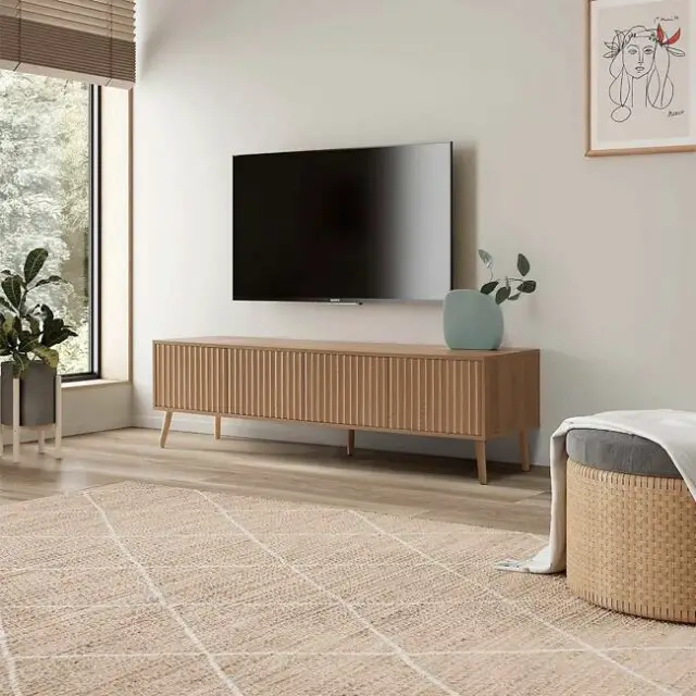 tendances 2026 salon Meuble TV Lluvia 4 portes, coloris chêne, longueur 160 cm porte texturée 