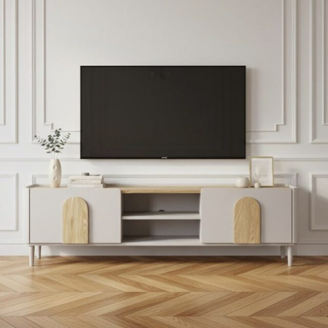 tendances 2026 salon Meuble TV 170 cm , ENYRA beige et bois deux portes et étagères 