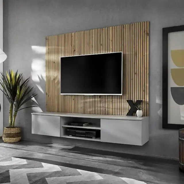 tendances 2026 salon Composition murale IXAR Meuble TV et panneaux muraux décoratifs décor mur texture effet tasseaux 