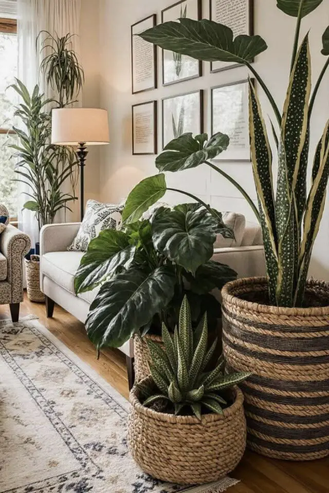 plante bien être hiver décoration intérieure salon séjour neutre côté du canapé cache-pot panier naturel 