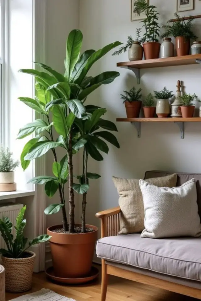 plante bien être hiver décoration intérieure angle de salon côté canapé étagère murale bois 