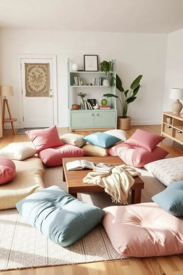 salon confortable pouf moderne coussin de sol couleur pastel autour table basse tapis beige 