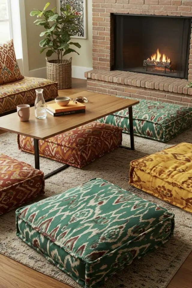 salon confortable pouf moderne batik coussin de sol séjour bohème coloré table basse bois 