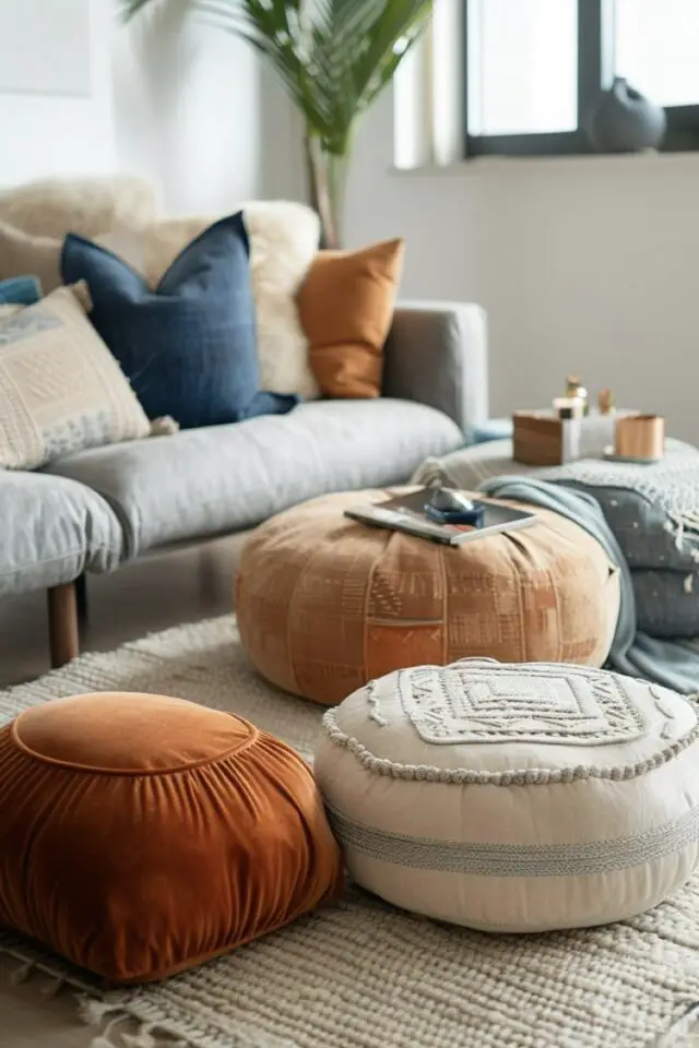 salon confortable pouf moderne rond sélection éclectique bohème velours coton couleur naturelle 