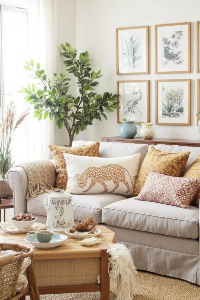 décoration estivale salon coussins moderne imprimé léopard canapé neutre beige 