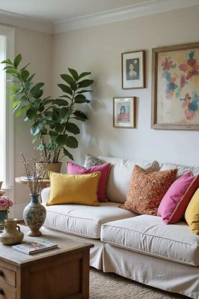 décoration estivale salon coussins coloré jaune orange et rose 