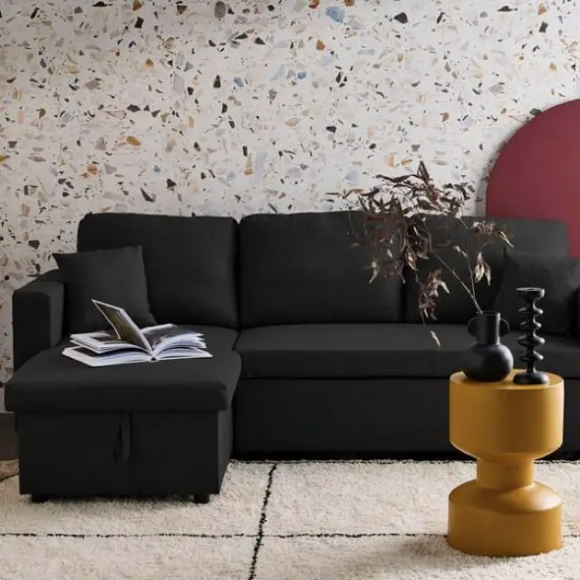Canapé d'angle réversible convertible 3 places Tissu noir Coffre de rangement