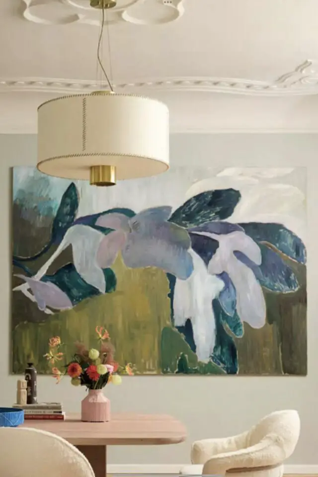 Tableau décoration salle à manger motif naturel vert bleu et blanc grand format esprit nature moderne 