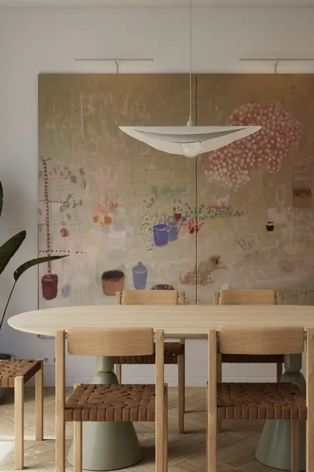 déco murale salle à manger tableau décoratif format XXL deux toiles l'une à côté de l'autre couleur neutres et pastel mobilier en bois contemporain 