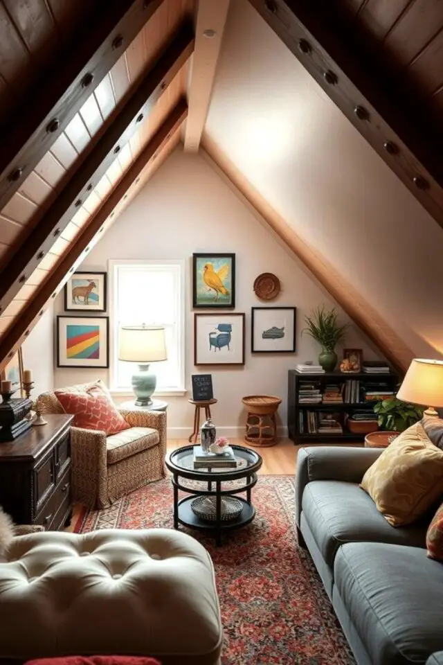 aménagement salon dans les combles idées inspirantes petit espace cosy séjour d'appoint tapis canapé fauteuil 