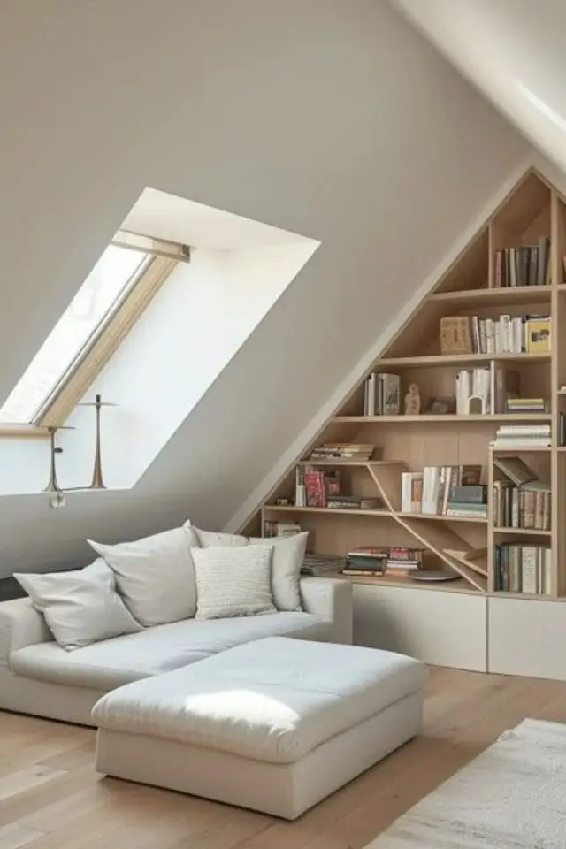 aménagement salon dans les combles idées inspirantes ambiance zen et moderne bois et blanc meuble sur-mesure