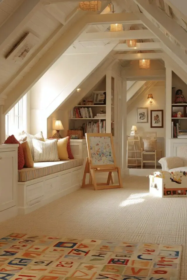 aménagement salon dans les combles idées inspirantes banquette sur mesure meuble bibliothèque rangement 