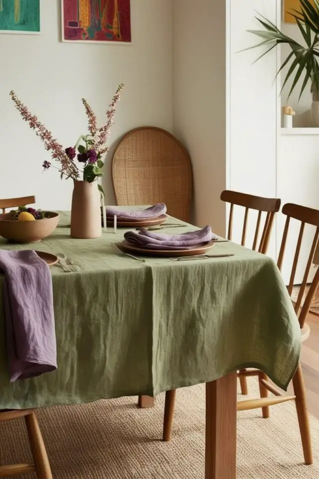 aménager et décorer salle à manger 10 idées nappe vert kaki moderne nature chic 