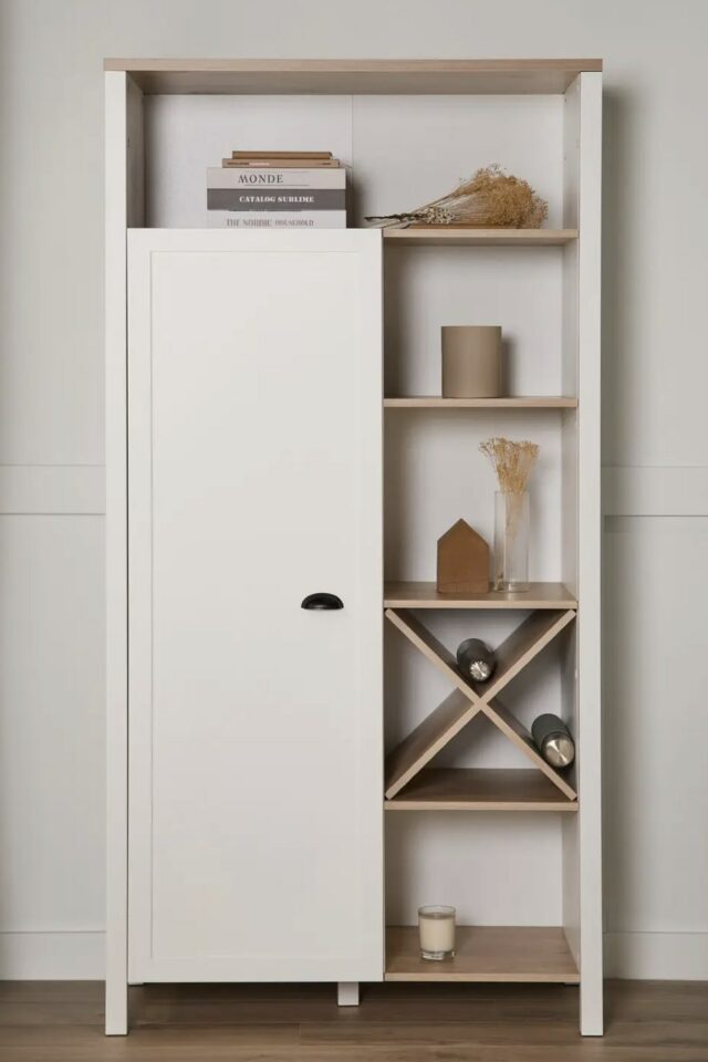 Buffet haut blanc et décor bois 1 porte mobilier de salon rangement d'appoint 