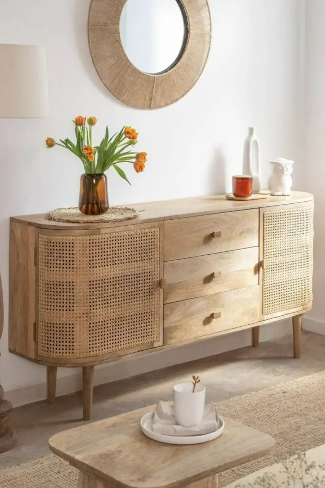 Buffet en bois de manguier et cannage pièce à vivre moderne et féminine 