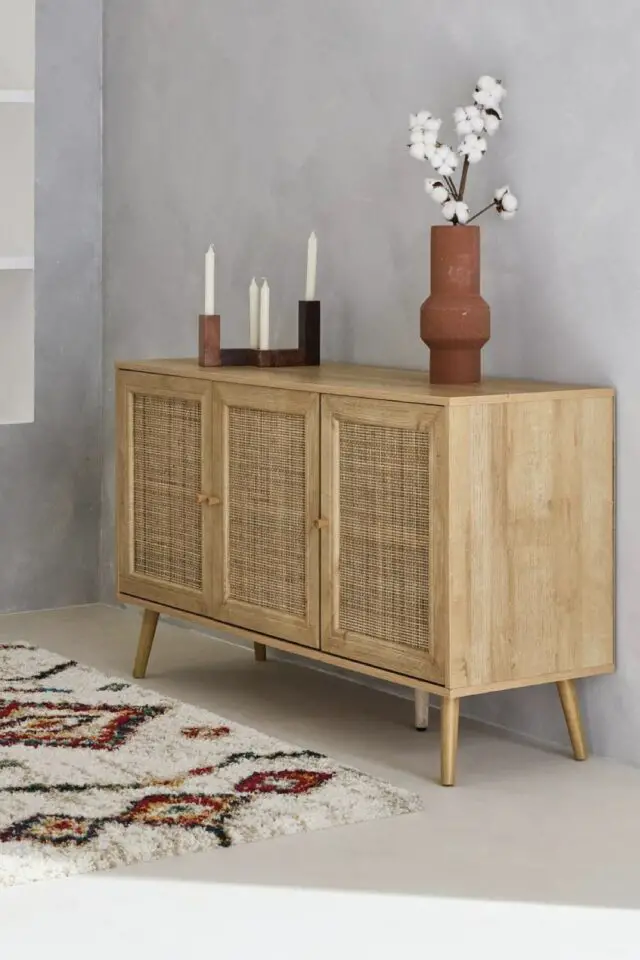 Buffet scandinave décor bois et cannage 3 portes salon séjour décor bohème 