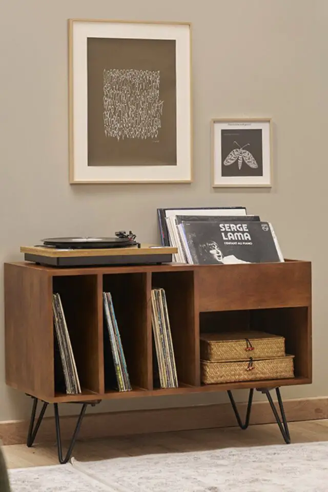 Buffet de rangement vinyles en bois manguier salon séjour vintage moderne 